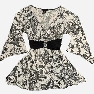 GNW Fairy Sleeve Black and White Floral Blouse With Tie Back